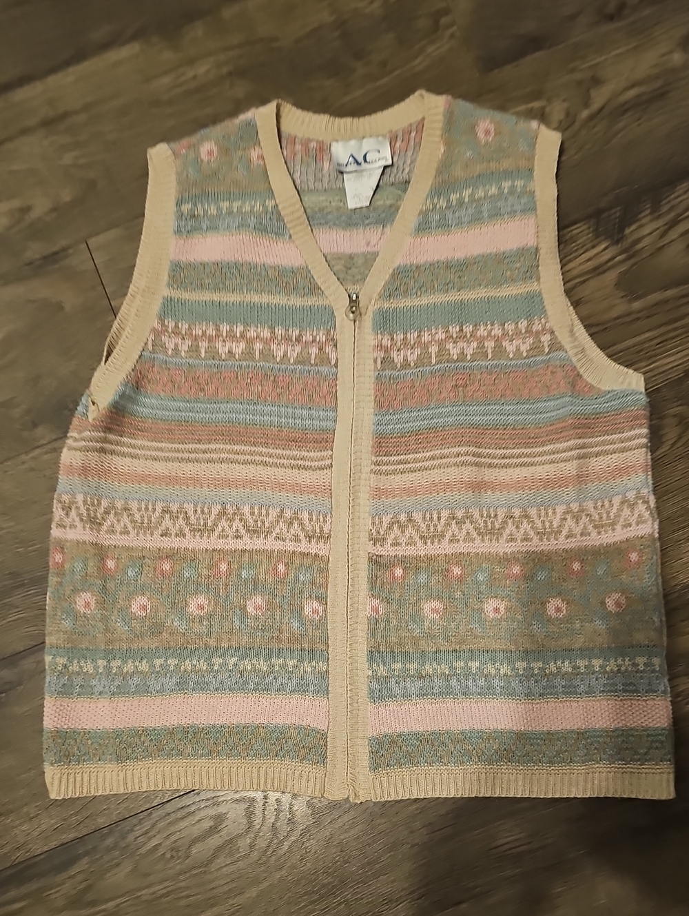 Sweater Vest Pastel Fair Isle Zip Floral Small American Collection AC 80 Vintage